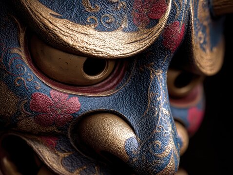 Intricate close-up view of a richly decorated traditional Japanese Hannya or Oni demon mask