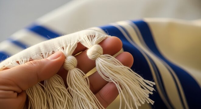 Hand holding fringes of Jewish prayer shawl, showing traditional blue stripes on soft fabric. Sacred Jewish prayer shawl with carefully tied tzitzit knots and white tassels.
