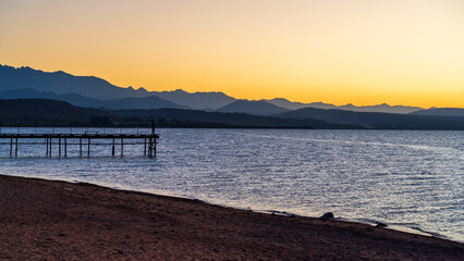 Obraz premium Sunset Aerial View of Issyk-Kul Lake, Kyrgyzstan