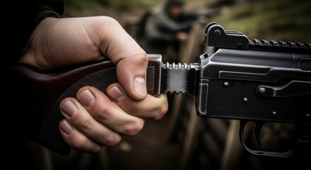 Obraz premium Close up of hand operating military rifle in a tactical environment, preparing weapon for combat action. Detailed view shows soldier reloading military rifle,