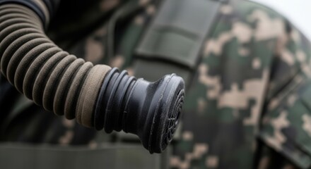 Obraz premium Close up of military uniform with protective breathing apparatus detail. Soldier wears camouflage military uniform, ready for tactical operations and defense.