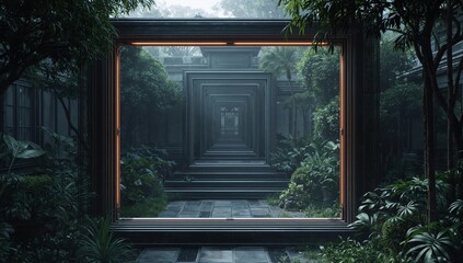 Fototapeta premium Exploring a Garden With Unique Frames Forming a Tunnel in a Misty Setting
