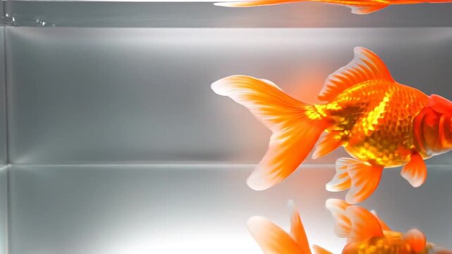 Goldfish Swimming in Clear Water Tank with Reflection.