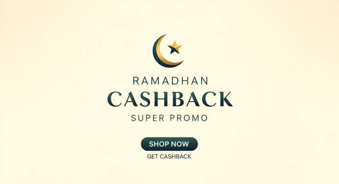 Ramadan Cashback Super Promo Banner Design with Crescent Moon and Star Symbol