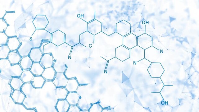 Abstract animated chemical structures and molecular bonds forming dynamic scientific patterns on a light background. White back. Seamless looping.