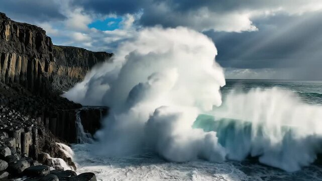 Dramatic ocean waves crash against basalt columns on a rugged coastline under stormy skies