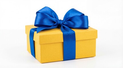 Obraz premium gift yellow box with blue ribbon bow close up isolated on white background