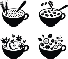 Oatmeal porridge bowls with fruit nuts and honey icon set vector illustration