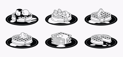 Set of black and white waffle vector illustrations with various toppings