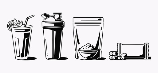 Sport nutrition and fitness supplements vector icon set