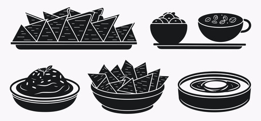 Mexican Nachos, Chips, and Dips Silhouette Vector Icon Set