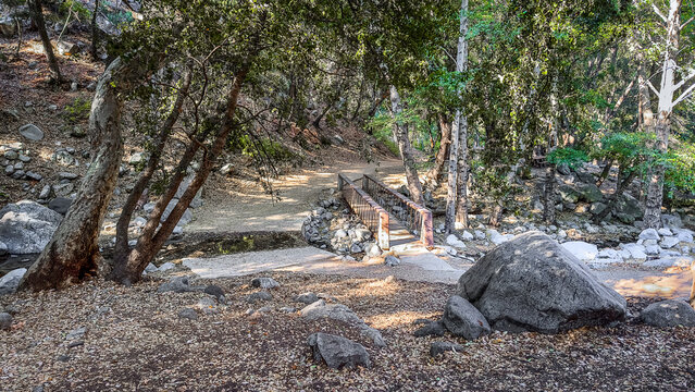 View of a bridge over the Arroyo Seco, a seasonal river on the Gabrielino Trail leading to the Switzer Falls in the Los Angeles County