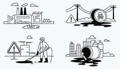Hazardous waste and industrial pollution line art icon set vector illustration