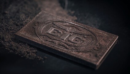 Fototapeta premium Metal Plate With Logo on a Black Surface With Powder Around It During a Creative Activity