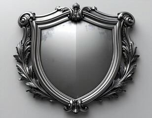 Obraz premium Silver Metallic Ornate Shield Emblem With Laurel Wreath on Gray Background
