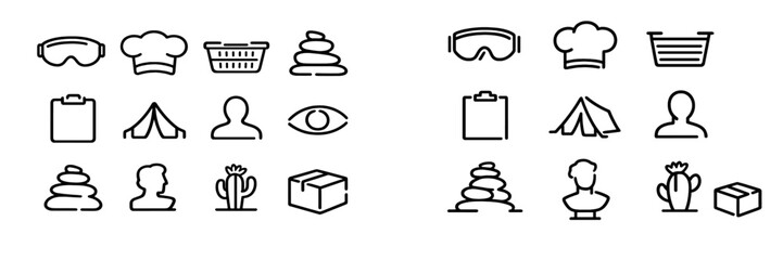 Minimalist black line icons set with goggles chef hat shopping basket zen stones clipboard tent person profile eye cactus and box © PAPA STOCK