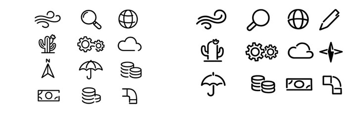 Minimalist line icon set featuring wind globe cactus gears cloud compass umbrella coins money and pipe symbols on white background © PAPA STOCK