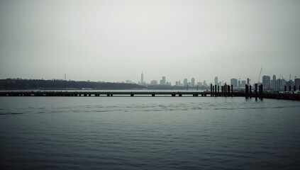 Fototapeta premium City Skyline Viewed From the River During a Cloudy Day in Winter
