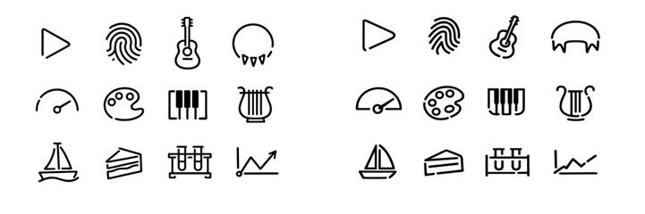 Collection of minimalist black line icons representing music art science and lifestyle elements on a white background © PAPA STOCK