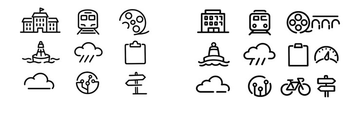 Set of minimalist line icons representing travel weather technology and urban life elements on a white background for interface design © PAPA STOCK