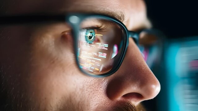 Close-up of programmer's eye reflecting computer code on screen
