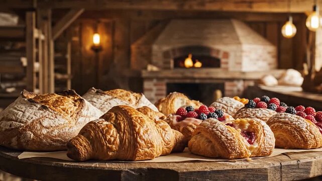 Baker Lifting Hot Loaf of Bread on Wooden Table with Croissants and Berries