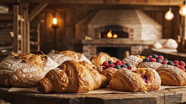 Baker Lifting Hot Loaf of Bread on Wooden Table with Croissants and Berries