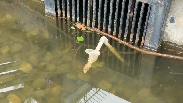 Rusty grate above pond drain, murky water swirling around exposed valve and submerged stones, small green leaf floating near grid, concrete embankment and metal pipe visible, subtle ripples.