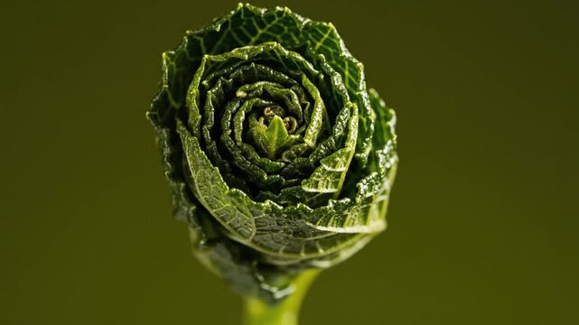 Close-up of a vibrant green savoy cabbage bud slowly unfurling against a soft, blurred background, showcasing its intricate spiral pattern and fresh texture.