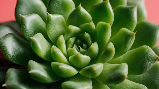 Close-up of a vibrant green succulent plant against a striking coral background, showcasing its intricate rosette pattern and fleshy leaves.