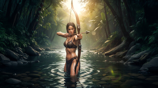 Female amazon warrior wearing a leather bikini top and loincloth hunting with her longbow in a river of a tropical rainforest