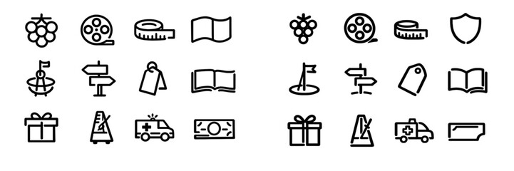 Minimalist black line icons set featuring grapes film reel measuring tape flag signpost price tag open book gift box metronome ambulance and © PAPA STOCK