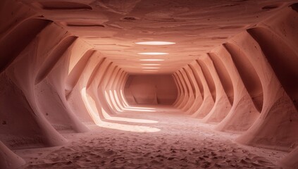 Fototapeta premium Exploration of an Underground Tunnel With Sandy Floor and Light Openings