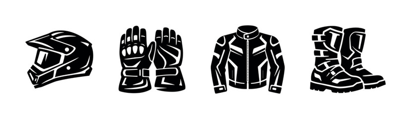 Motorcycle gear set: helmet, gloves, jacket, boots - flat vector illustration