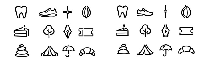 Collection of simple hand drawn style line icons including tooth shoe tree cake tent umbrella and croissant symbols © PAPA STOCK