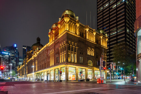 Sydney, Australia - January 07, 2019: Queen Victoria Building QVB at Night with Golden Architectural Illumination in Sydney CBD Australia