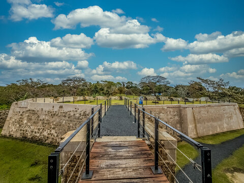 Hornwork constructed of massive cut coral blocks at the Spanish colonial fort san lorenzo in Panama
