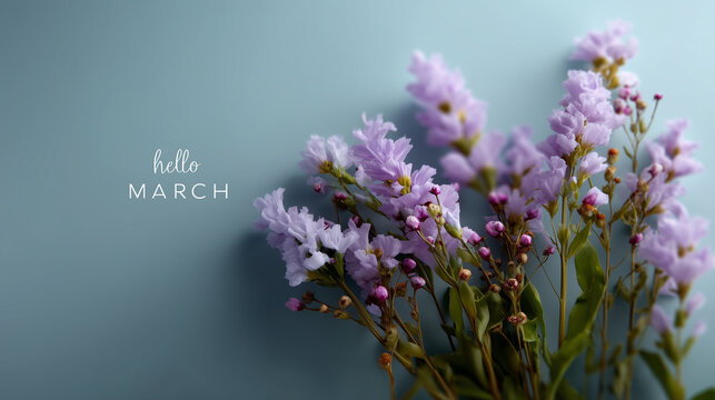 Wide horizontal spring greeting banner with "hello march" inscription in stylish hand-lettered typography, delicate wildflowers and blossoms framing the bottom corners, airy pastel