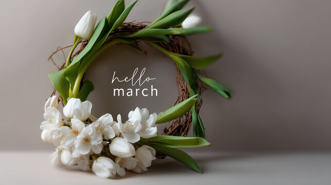 Elegant springtime banner featuring "hello march" lettering with a wreath of flowers and fresh leaves, soft neutral background, clean commercial stock style, balanced negative spac
