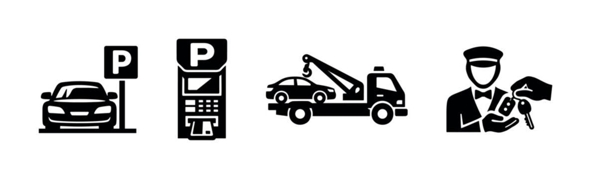 Parking and car towing services icon set, flat vector illustration