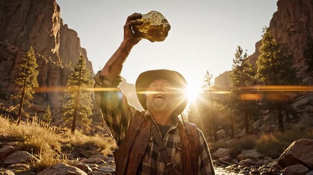 Excited prospector discovers massive gold nugget in rugged canyon river at sunrise