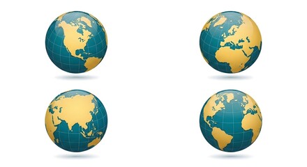 Collection of four premium 3D shiny blue and gold earth globes showing various continents isolated on white background