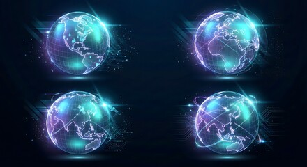Obraz premium Four futuristic digital earth globes with glowing network dots communication lines and satellites on dark cyber background