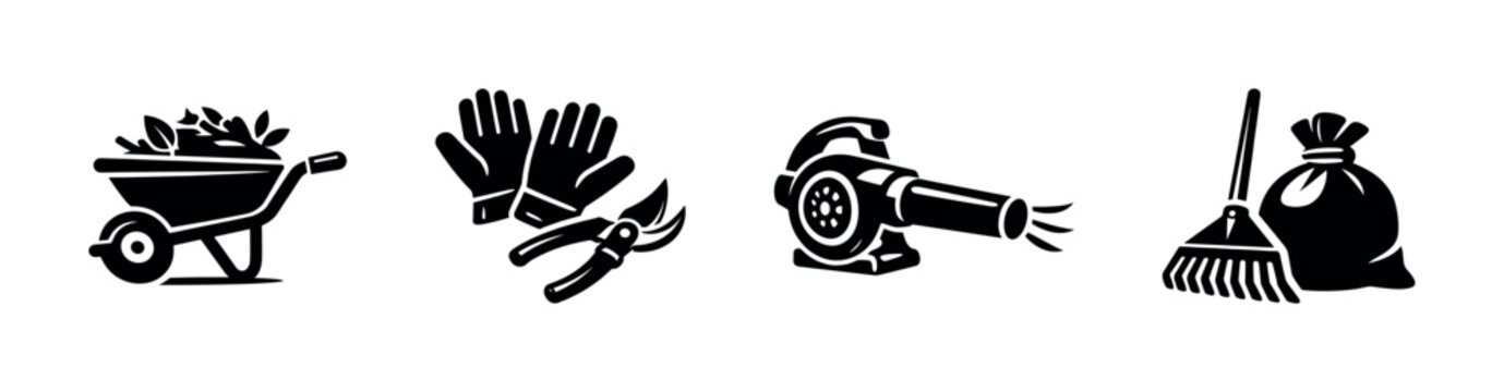 Garden tools set: wheelbarrow, gloves, blower, rake - flat vector illustration