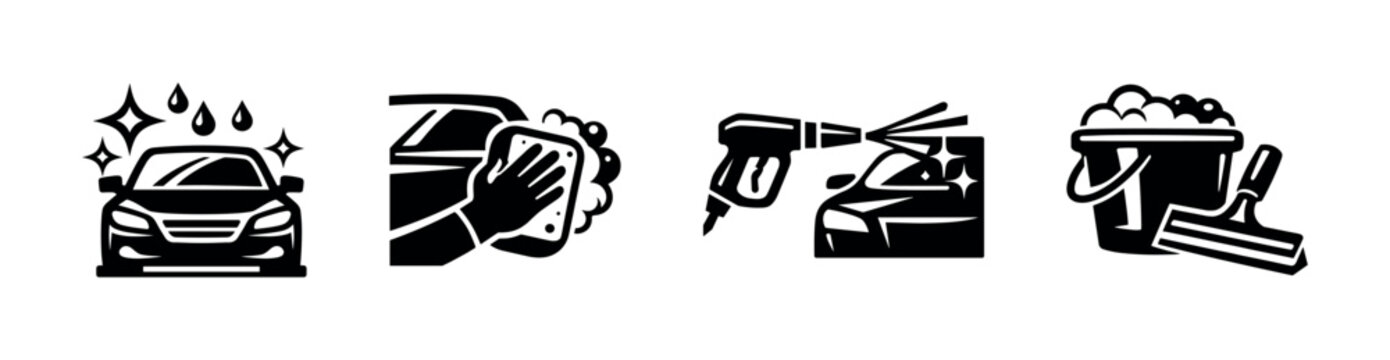 Car washing and detailing icons, cleaning tools, flat vector illustration
