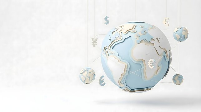 Conceptual 3D pastel papercraft earth globe hanging on string with orbiting mini globes and currency symbols dollar euro yen on white background