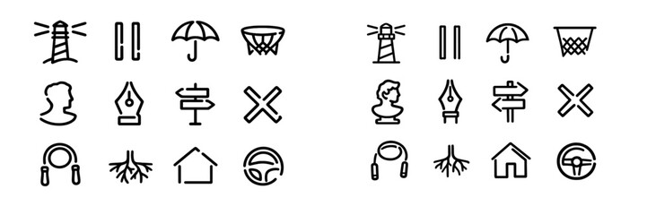 Collection of black line icons featuring lighthouse umbrella basketball hoop pen nib signpost house and steering wheel on white background © PAPA STOCK