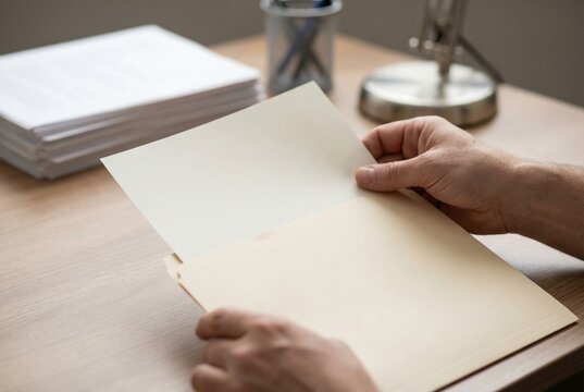 A person opening a manila file folder containing blank paper at a desk with a stack of documents.