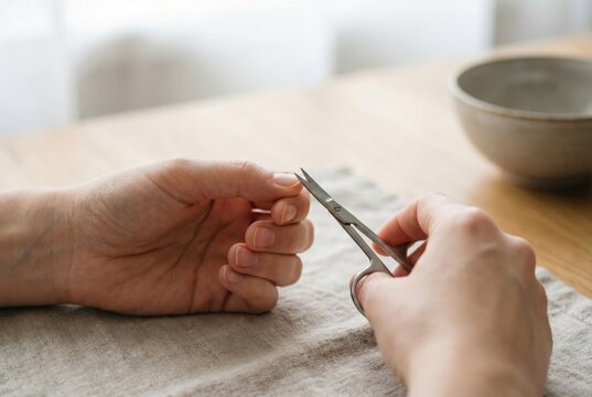 A person using small scissors to trim their fingernails over a linen cloth on a table.