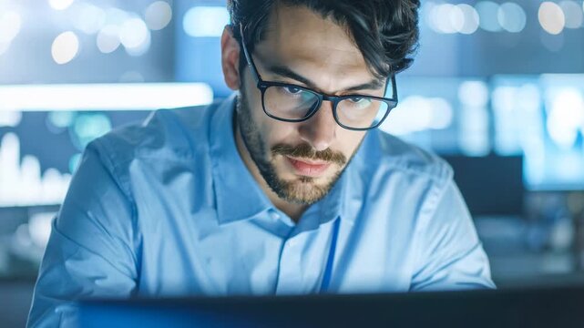 Focused Professional at Work: A concentrated professional with glasses, intently working on a computer in a modern, technological environment.